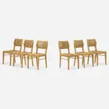Adrien Audoux and Frida Minet, Dining chairs, set of six, c. 1950, beech, raffia