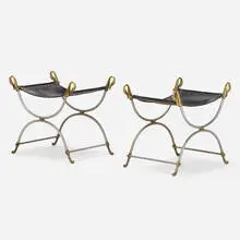 Stools, pair by Maison Jansen, c. 1960, chrome-plated steel, leather, brass, sold Mar 2022
