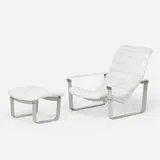 Ilmari Lappalainen, Pulkka lounge chair and ottoman, c. 1967, brushed aluminum, leather