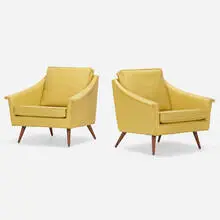 Lounge chairs, pair by Milo Baughman, c. 1965, leather, walnut, sold Mar 2022