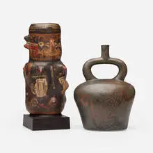 Peruvian, Figural vessel and stirrup spout bottle, glazed earthenware