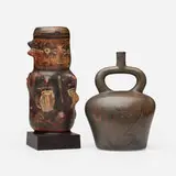 Peruvian, Figural vessel and stirrup spout bottle, glazed earthenware