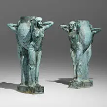Pierre Lenoir and Marcel Guillard, Monumental Water Carriers urns / planters, pair, bronze