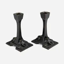 Jugendstil, Frog candlesticks, pair, c. 1905, patinated metal, glass