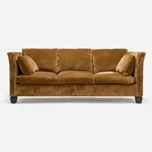 Dupre sofa by Dessin Fournir, c. 2000, velvet upholstery, stained walnut, sold Oct 2024