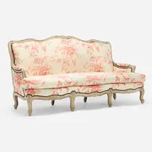 Louis XV Style, Settee, fabric upholstery, painted wood, brass