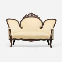 Victorian, Settee, c. 1900, carved rosewood, velvet upholstery