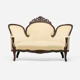 Victorian, Settee, c. 1900, carved rosewood, velvet upholstery