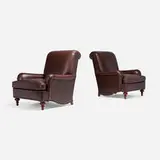 Club lounge chairs, pair by The Charles Stewart Company, c. 1990, leather upholstery, walnut, brass, sold Oct 2024