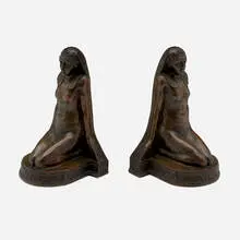 Max Peinlich, Egyptian Revival Sphinx bookends, pair, c. 1913, patinated bronze