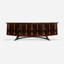Modern, Cabinet, c. 1970, ebony veneer, lacquered wood, lacquered gold leaf, walnut, brass, ceramic inlay