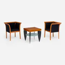 Enrique Garcel, Occasional table and chairs, pair, c. 1980, beech, upholstery, tropical hardwood veneer, powder-coated steel, frosted glass