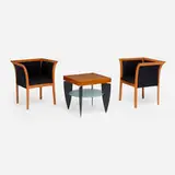 Enrique Garcel, Occasional table and chairs, pair, c. 1980, beech, upholstery, tropical hardwood veneer, powder-coated steel, frosted glass