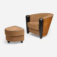 Adam Tihany, Marnie club chair and ottoman, c. 1985, elm burl, suede upholstery, leather