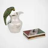 Los Castillo, Lidded mosaic cigarette box and pitcher with parrot