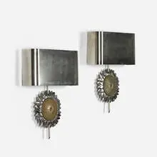 Maison Charles, sconces, pair, c. 1970, stainless steel, brass, chrome-plated brass