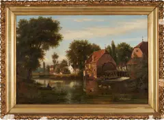 Henry Lewis, Landscape with a Fisherman, Mill, and Figures On a Bridge, oil on canvas