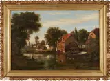 Henry Lewis, Landscape with a Fisherman, Mill, and Figures On a Bridge, oil on canvas