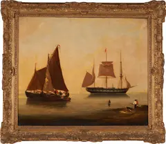 Anglo-Dutch School, A Harbor View at Sunset with Figures and Boats, oil on canvas