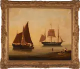Anglo-Dutch School, A Harbor View at Sunset with Figures and Boats, oil on canvas