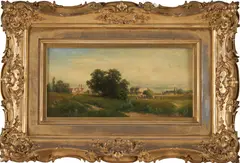 Josef Schoyerer, Field Scene with Figures and Livestock, oil on panel