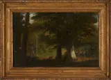 R.W.S. Edward Duncan, Woodland Scene with Hunters and Hunting Dogs, oil on panel