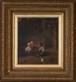 Three Children Playing with a Basket of Vegetables by Continental School, oil on panel, sold Jul 2024