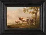 Eugène Verboeckhoven, Cows and Goat with a Cityscape in the Distance, oil on cradled panel