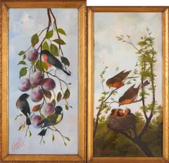 Michelangelo Meucci, A Pair of Panel Paintings of Perching Birds, oil on board