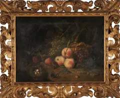 Rachel Ruysch, Still Life with Peaches, Grapes, a Bird's Nest, a Lizard, and Insects, oil on canvas