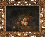 Rachel Ruysch, Still Life with Peaches, Grapes, a Bird's Nest, a Lizard, and Insects, oil on canvas