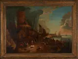 Lucas Smout the Younger, A Bustling Harbor with Fishmongers and Boats, oil on canvas