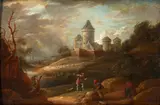David Teniers the Younger, Landscape with a Castle, Figures, a Dog, and Livestock, oil on panel