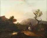 Continental School, A Spanish Landscape with Cattle and Figures By a River, oil on canvas