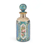 19th century, by Bohemian Overlay Glass Decanter, white cut to blue with alternating enameled flower panels and cut diapered panels, allover gilded with scrolled foliage,, sold Jul 2024