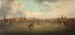 Daniel Turner, View of the Thames with the Old London Bridge and the Tower of London Beyond, oil on canvas