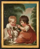 Children Playing with a Dog by Continental School, oil on canvas, sold Jul 2024