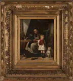 French School, 19th century, A Grandmother and Child with a Dog in the Sitting Room