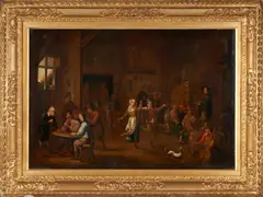 A Lively Tavern Scene with Dancers, Musicians, and Gamblers by David Teniers the Younger, oil on canvas, sold Jul 2024