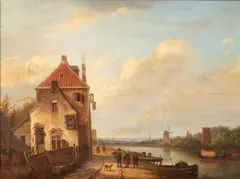 Andreas Schelfhout, Canal Landscape with Figures, oil on panel