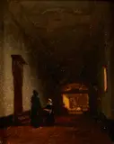 Dutch School, Interior Monastery Scene with Figures, oil on panel