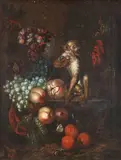 Jan Davidsz. de Heem, Still life with a Snail, a Monkey, and Fruit, oil on canvas