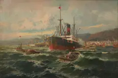 Ships in the Harbor by Francisco Hernández Monjo, oil on canvas, sold Jul 2024