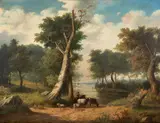 Egide François Leemans, Travelers at Rest by a Stream, oil on canvas