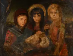 Franz von Lenbach, A Portrait of Three Young Girls Holding a Swaddled Baby, oil on board