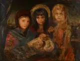 Franz von Lenbach, A Portrait of Three Young Girls Holding a Swaddled Baby, oil on board