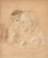 Franz von Lenbach, A Portrait of Two Young Children, pencil and chalk on pressed paperboard
