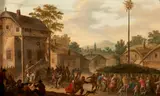 Dutch School, A Pair of Village Scenes: May Day Revelers and Farmyard with Livestock and Peasants, oil on panel