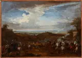 called Il Borgognone Jacques Courtois, An Equestrian Battle Scene with Distant Ruins, oil on canvas