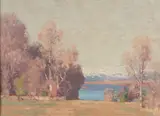 A Landscape with a Lake and Distant Snow-Capped Mountains by George Houston Rsa, Ri, Rsw, oil on panel, sold Jul 2024